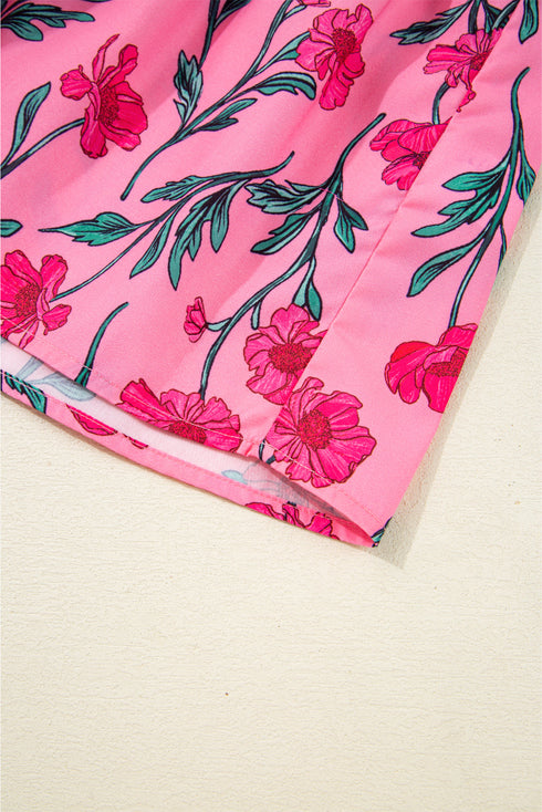 Puff Sleeve Floral Print Contrast Placket Tiered Midi Dress With Pockets